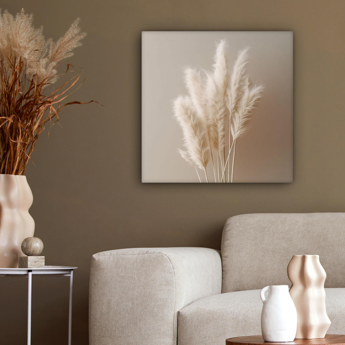 LEINWANDBILD Pampasgras - Federn - Pastell - Weiß 50x50 cm - Naturfarben, Textil (50/50cm) - MuchoWow