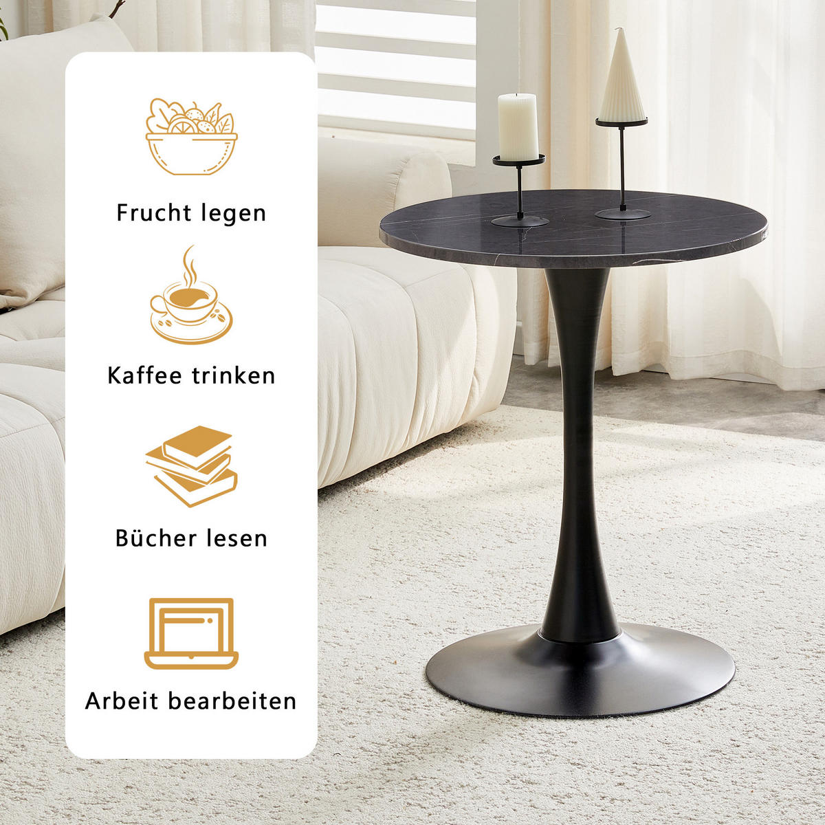 BEISTELLTISCH rund 60/72 cm in Schwarz mit Marmor-Optik - Schwarz, Holzwerkstoff (60/60/72cm) - BEAOK