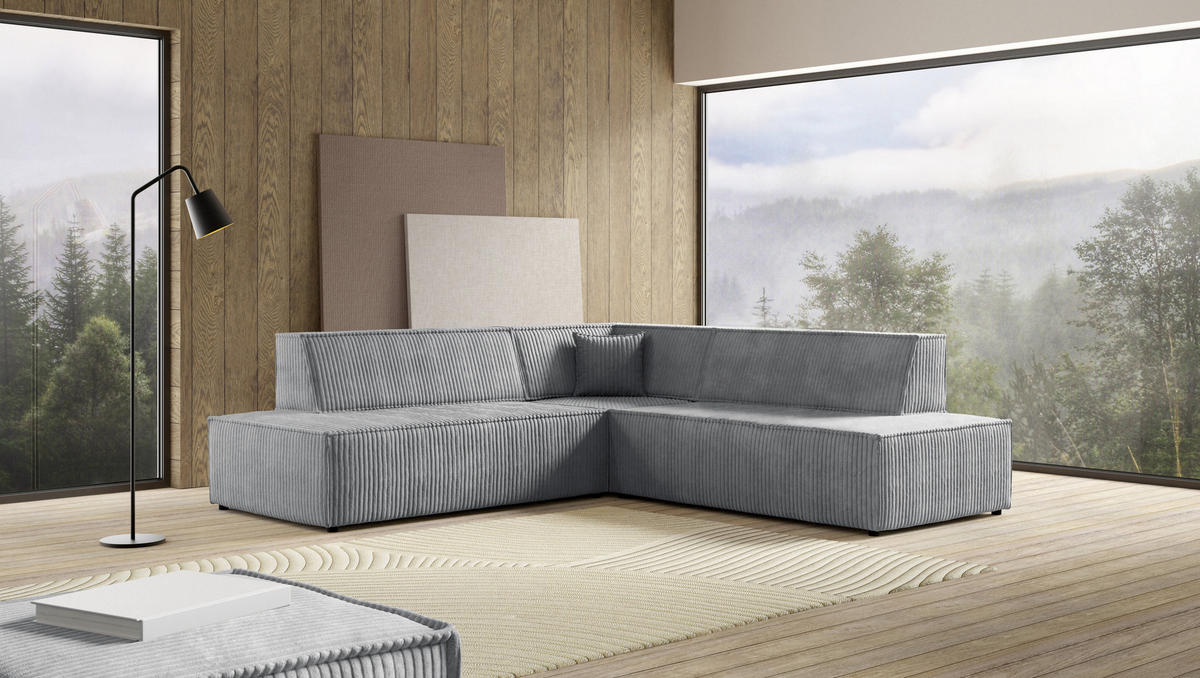 ECKSOFA TESSO II R-S Grau Kordstoff mit Schlaffunktion - Grau, Holz (254/254cm) - MASSENO