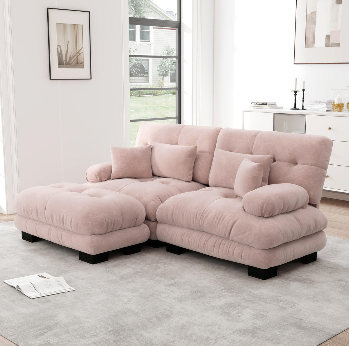 ECKSOFA modular mit beweglichen Ottomane, breiten Polsterarmlehnen und Kissen aus Chenille, Pink - Pink, Textil (220/145cm) - Redom