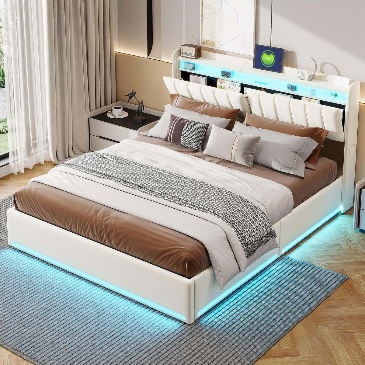 POLSTERBETT 160x200 cm LED Stauraum Lattenrost Kopfteil beige - Beige, Holz (160/200cm) - LEBENLANG