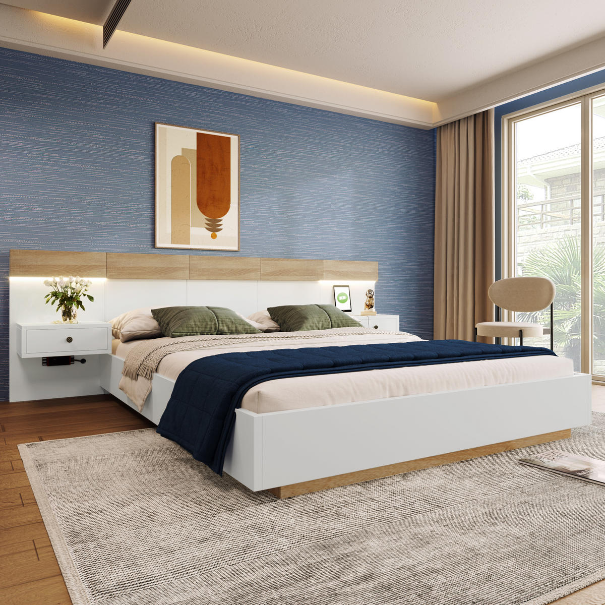 DOPPELBETT 140/200 cm Weiß aus Holzwerkstoff mit LED-Nachttischen und USB-C - Weiß, Holzwerkstoff (140/200cm) - OKWISH