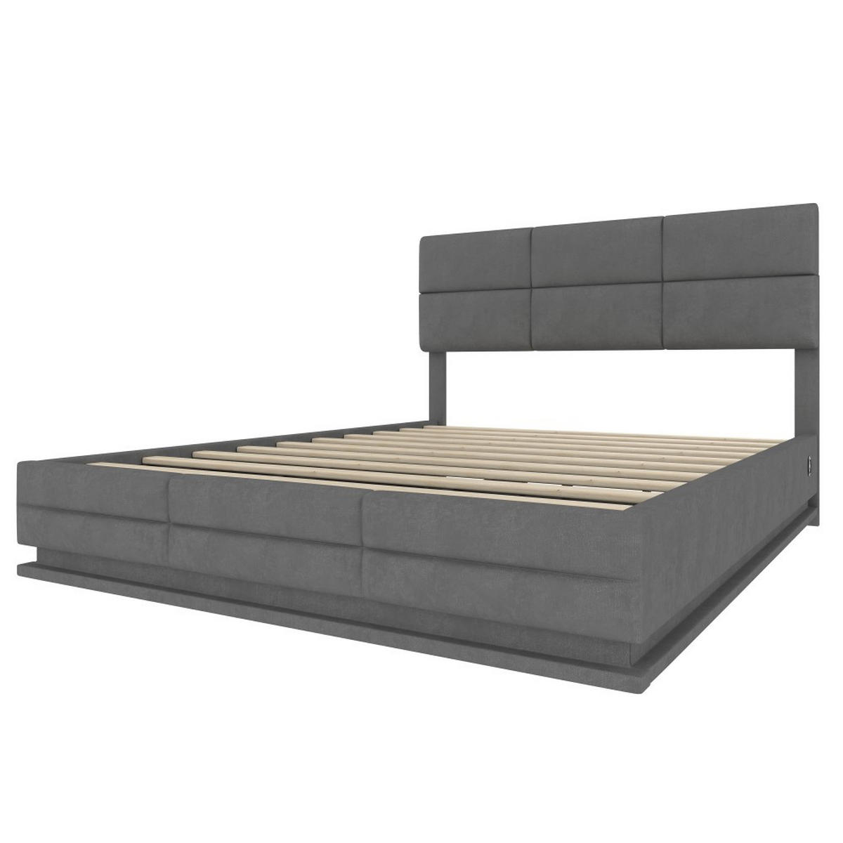 BOXBETT 180/200 mit Bettkasten, LED, USB/Typ C-Ladeanschluss,Samt,Grau - Grau, Holz (180/200cm) - LVHOM