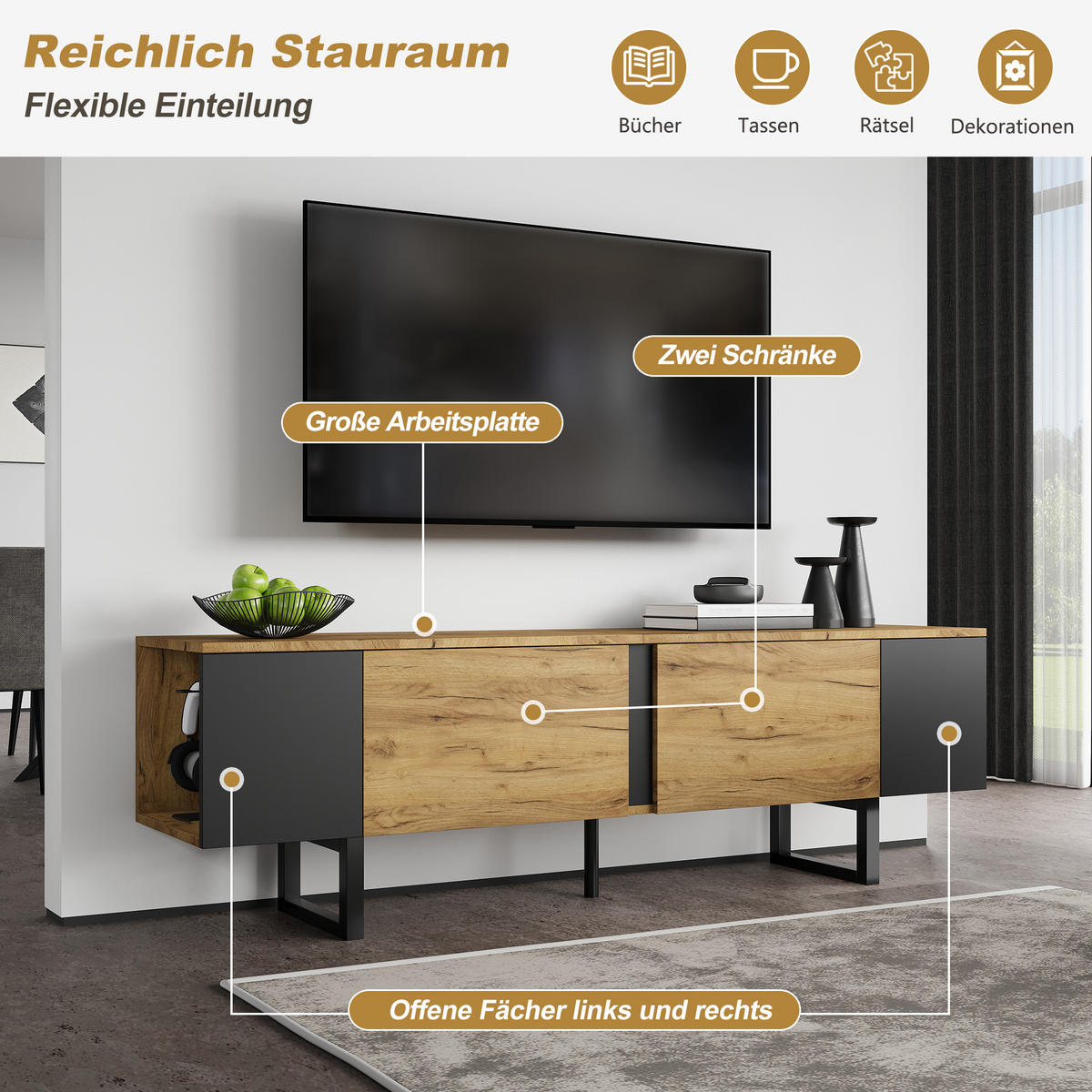 TV STOLEK přírodní barva se 2 skříňkami a otevřenými policemi, pro TV do 75", 180 × 40 × 55 cm - přírodní/černá, kov/kompozitní dřevo (180/55/40cm) - STILVORA