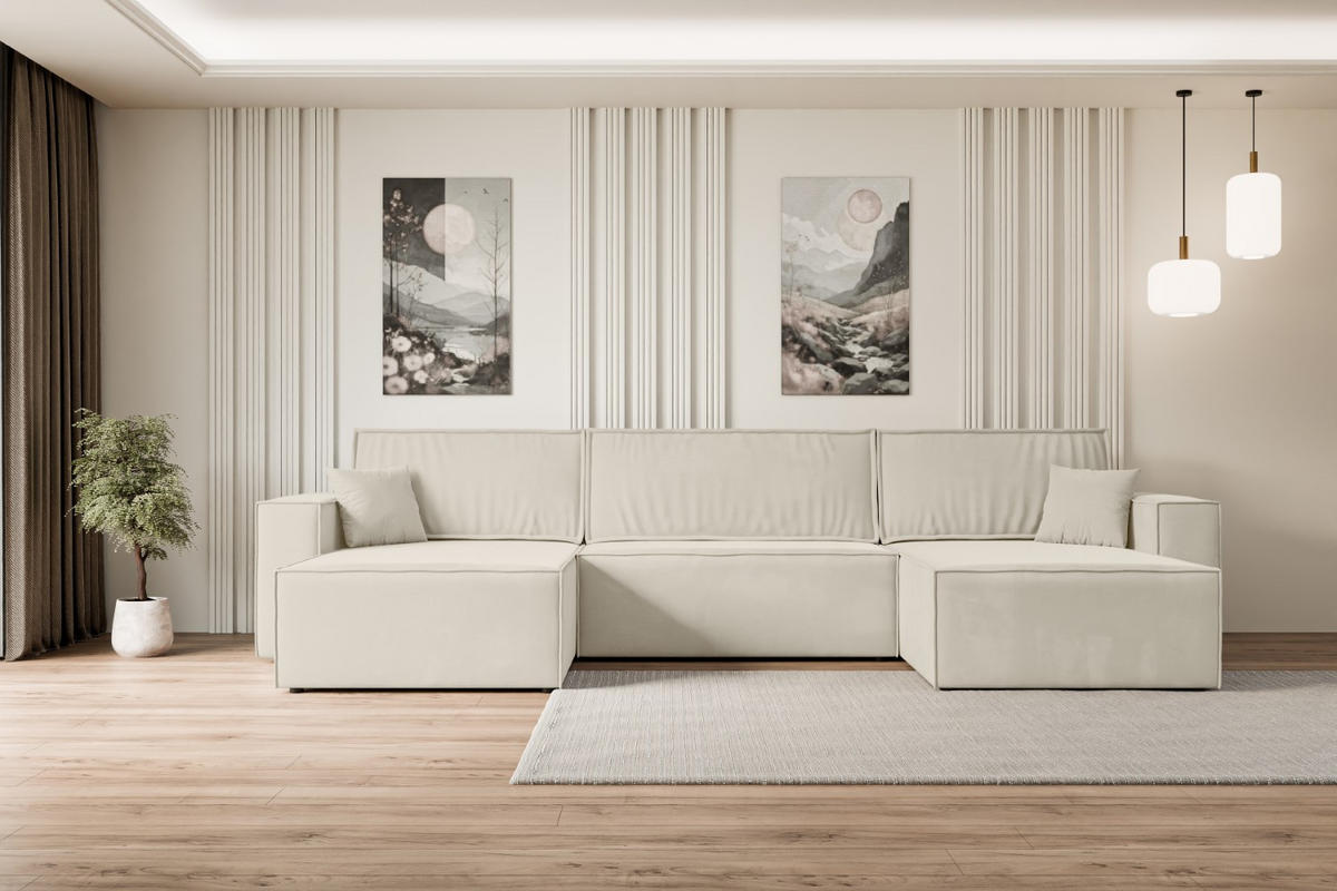 WOHNLANDSCHAFT mit Schlaffunktion und Bettkasten CELTIC-XLU - 377x143x83 cm Beige Velours - Beige/Creme, Holzwerkstoff/Kunststoff (377/83/143cm) - ALTDECOR