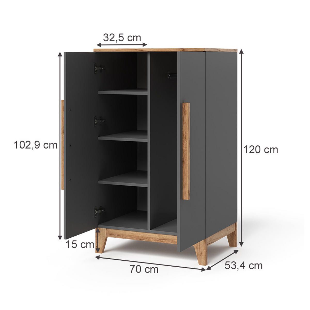 KINDERKLEIDERSCHRANK Malia Grau/Artisan 70 x 120 cm - Grau, Holzwerkstoff (70/120/53.4cm) - VitaliSpa