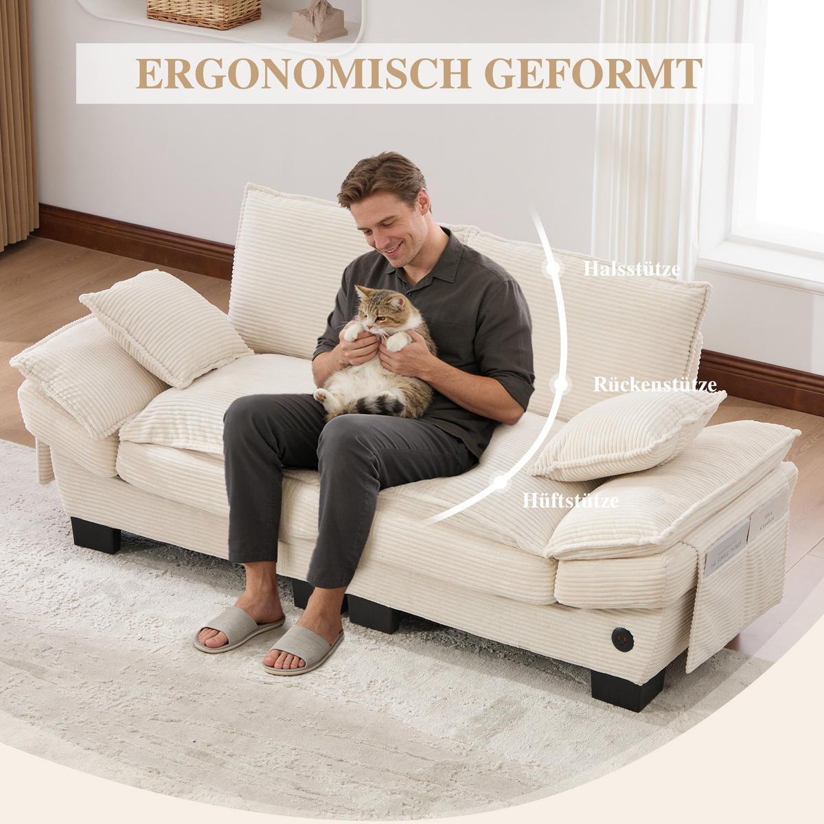 2-SITZER SOFA Cord Beige mit USB-C und Seitentaschen - Beige, Holzwerkstoff/Kunststoff (190/84/73cm) - WISHDOR