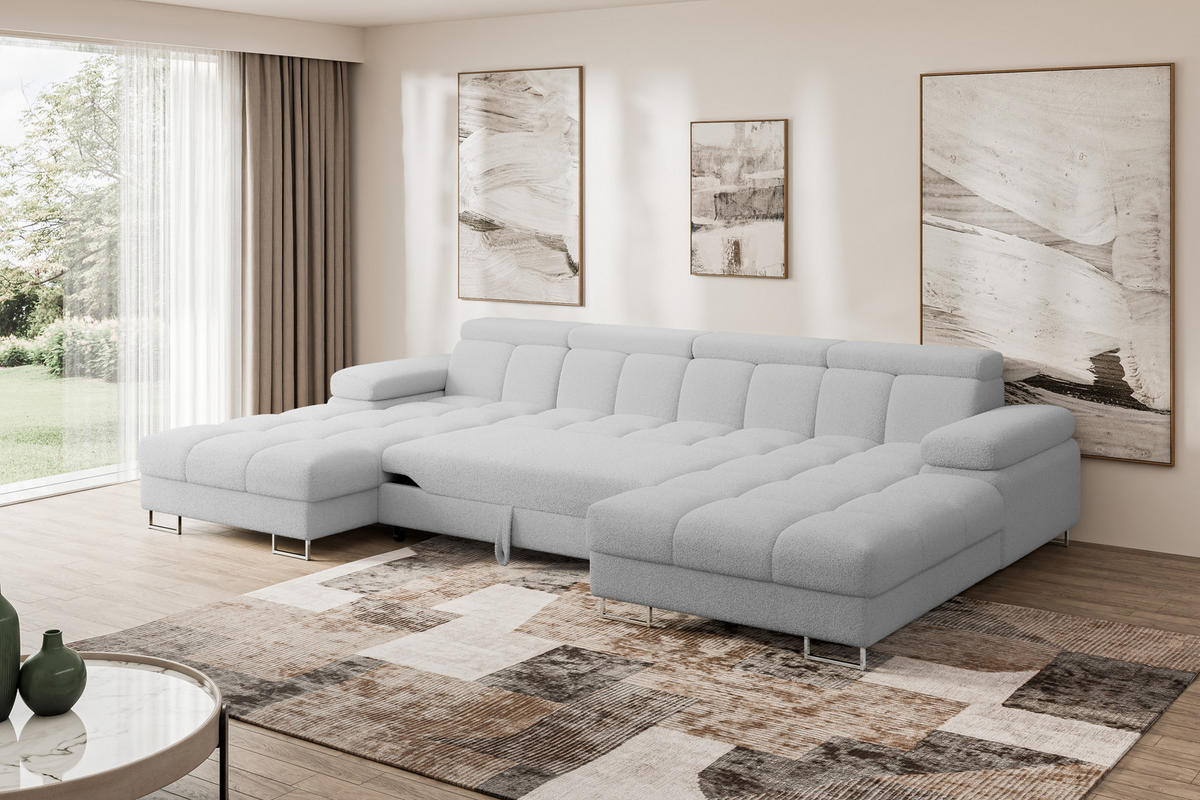 WOHNLANDSCHAFT mit Schlaffunktion und Bettkasten COMA U2 345x203x79 Hellgrau Bouclé - Edelstahlfarben, Holzwerkstoff/Textil (345/79/203cm) - ALTDECOR