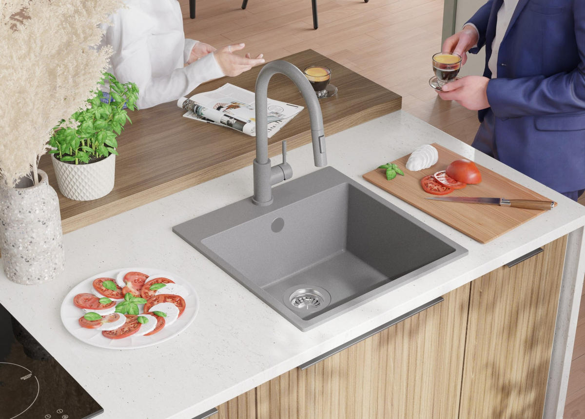 SPÜLBECKEN Riga, 2-er set Grau 48/50 cm 1 Becken + Ablauf-Set ab 50er Unterschrank - Chromfarben/Grau, Kunststoff (48/20/50cm) - Primagran