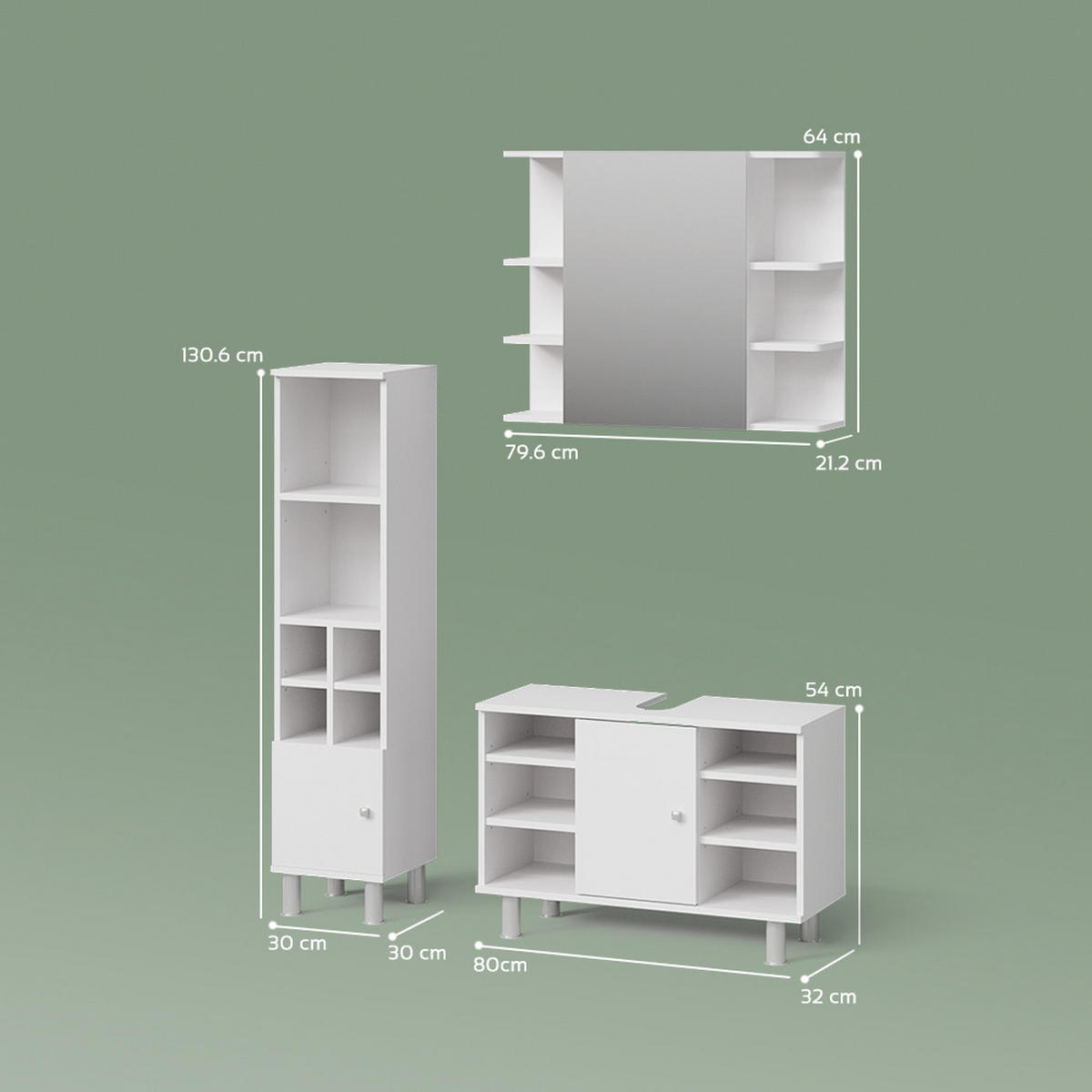 BADMÖBEL-SET Fucino Weiß 3 Teile, mit Midischrank Tür klein - Weiß, Holzwerkstoff (80/54/32cm) - Livinity®