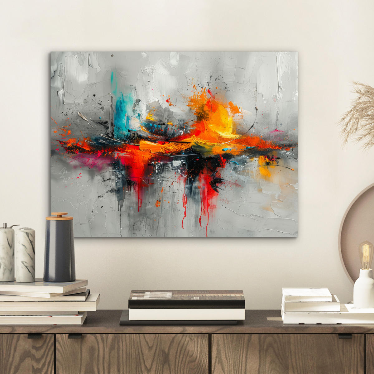 KOVOVÝ OBRAZ Moderné umenie - Oranžová - Sivá - Abstraktné 40x30 cm - svetlosivá, kov (40/30cm) - MuchoWow
