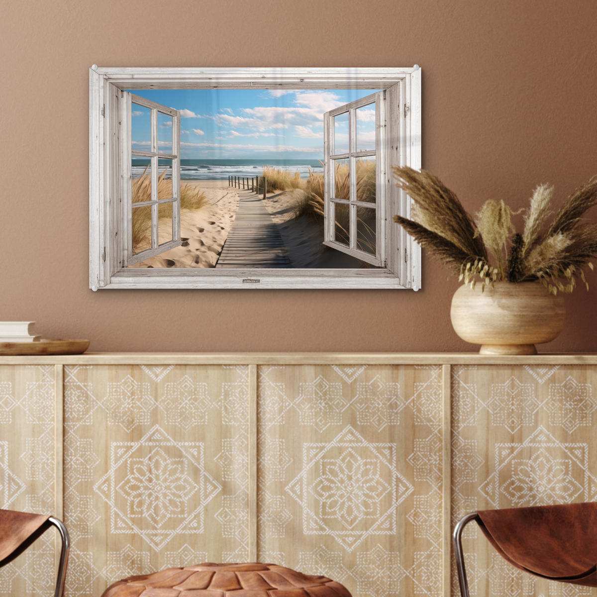 ACRYLGLASBILD Fenster - Meer - Küste - Natur - Ausblick - Strand - Wattenmeer 60x40 cm - Beige, Glas (60/40cm) - MuchoWow