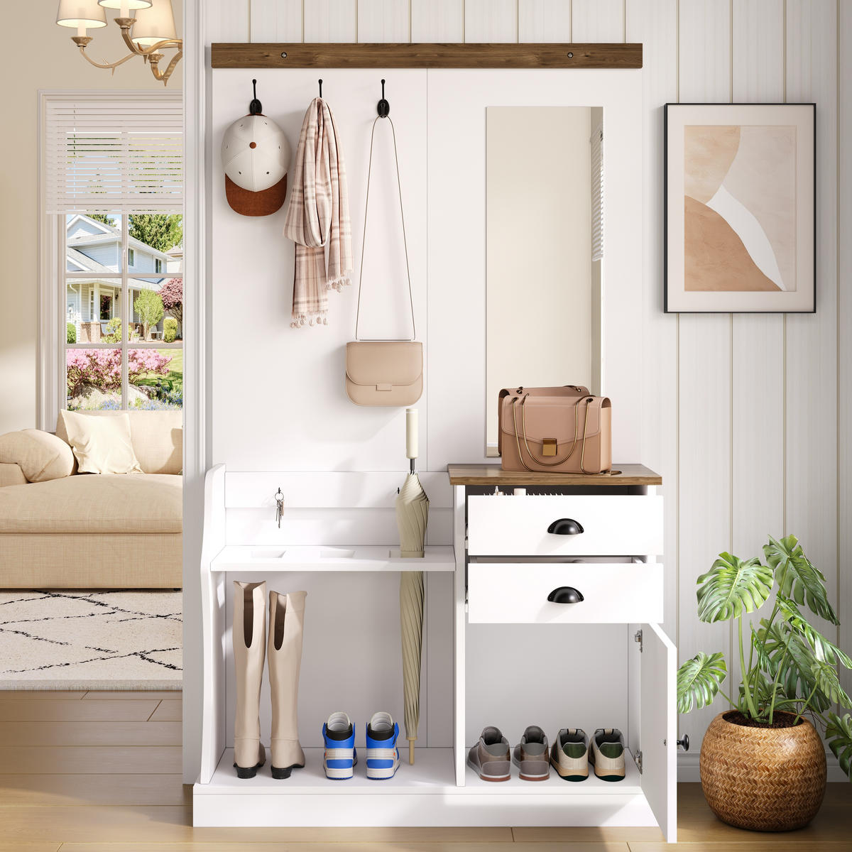 GARDEROBENSET Spiegel Haken Schubladen Schirmständer - Weiß, Holzwerkstoff (38/191/110.5cm) - FLIEKS