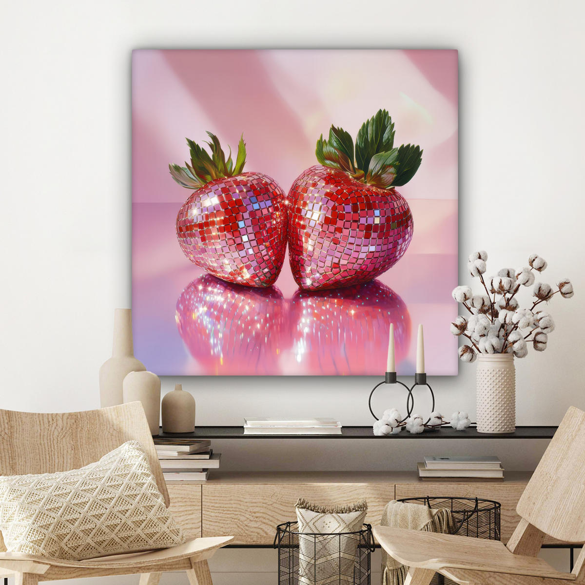 LEINWANDBILD Disco - Obst - Glitzer - Erdbeere Deko Groß 90x90 cm - Pink, Textil (90/90cm) - MuchoWow