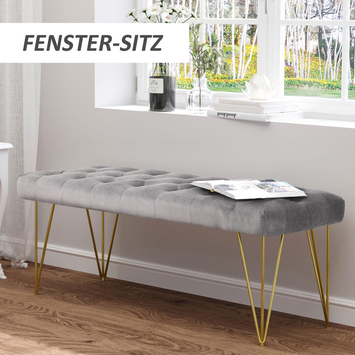 SCHUHBANK mit Samtoptik, für Schlafzimmer, Wohnzimmer, Flur, Metall, Grau - Grau, Kunststoff (445/49/116cm) - HOMCOM