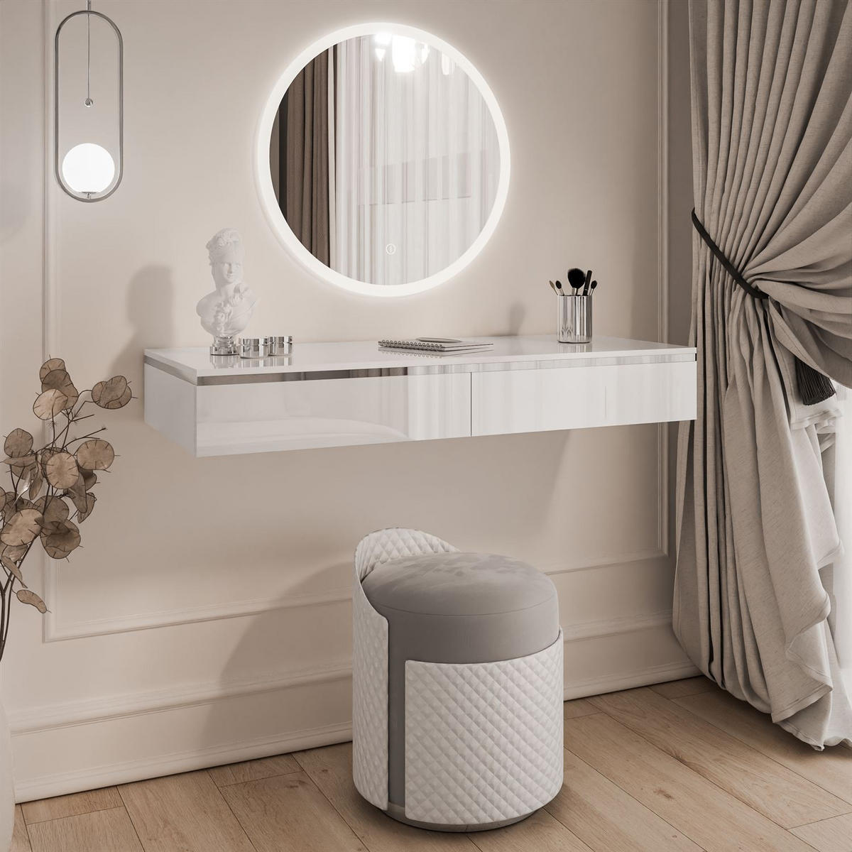 SCHMINKTISCH AURORA SILVER Hängend Hochglanz Weiß - Weiß Hochglanz, Holzwerkstoff (102/15/43.6cm) - Lookway