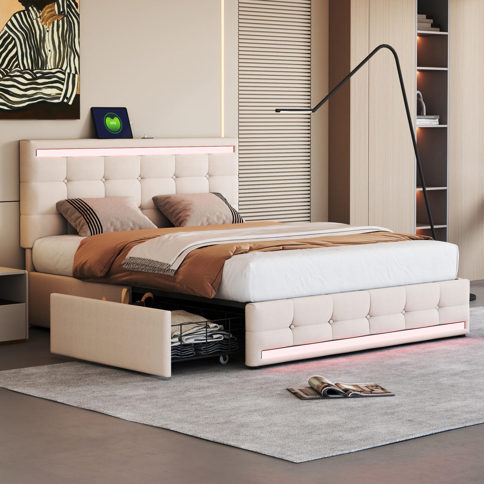 POLSTERBETT 140x200cm mit höhenverstellbarem Kopfteil und 4 Schubladen, LED und USB Sicherheitssteckdose, Leinen, Beige - Beige, Holz/Metall (140/200cm)