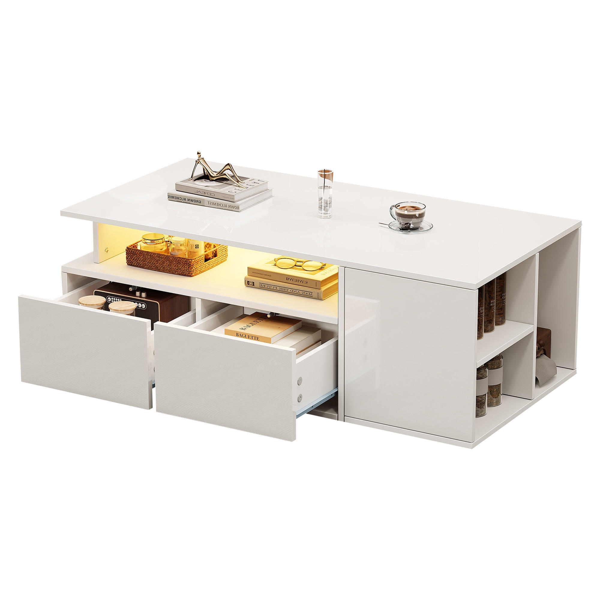 COUCHTISCH 100x50 LED 2 Schubladen Stauraum Weiß 60kg - Weiß, Holzwerkstoff (100/50/35cm) - FLIEKS