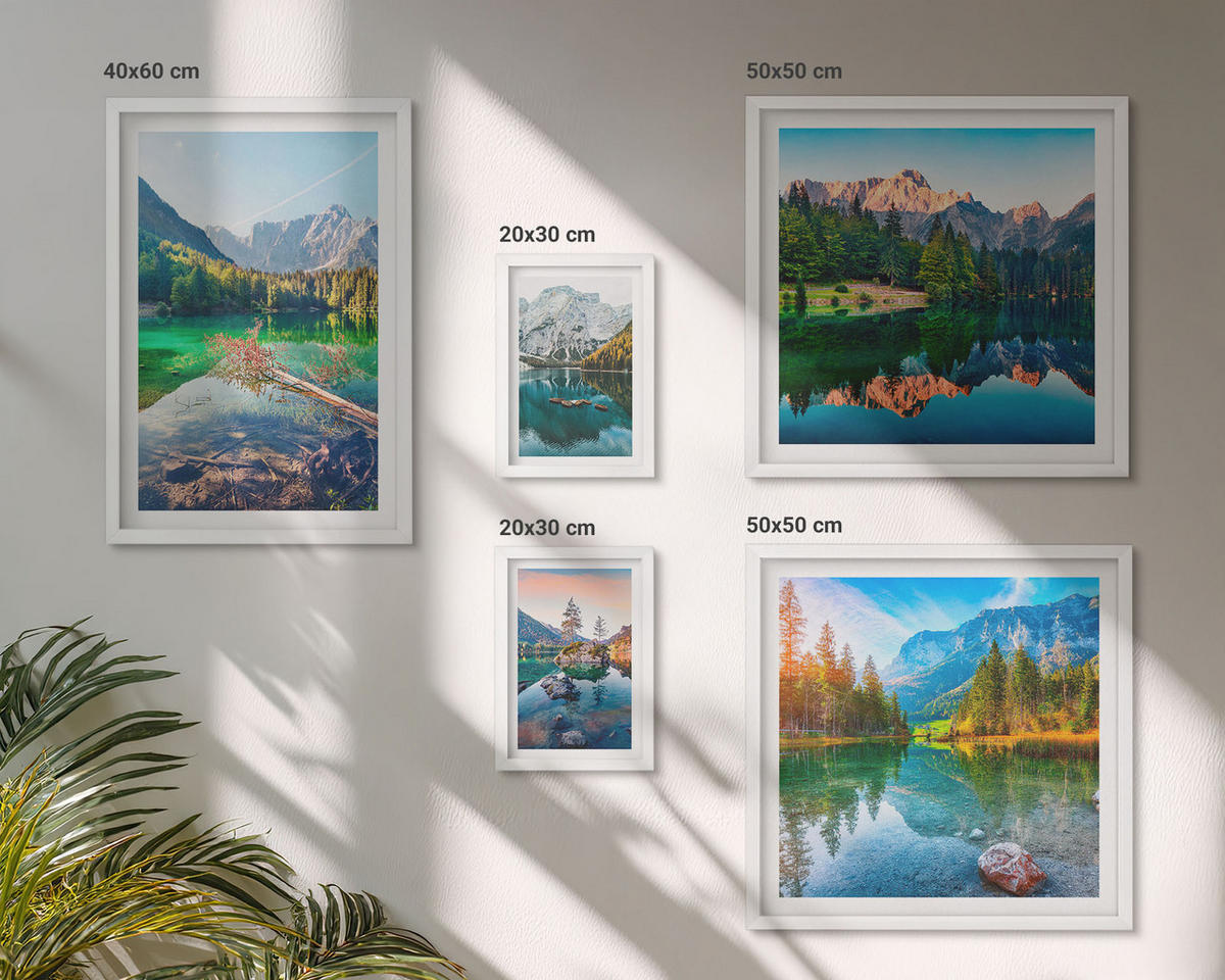 BILDER SET 5er Set - 50x50 cm & 20x30 cm & 40x60 cm Weißer Rahmen - Spiegelung des Waldes in Bergseen - Weiß, Kunststoff (40/60cm) - TULUP