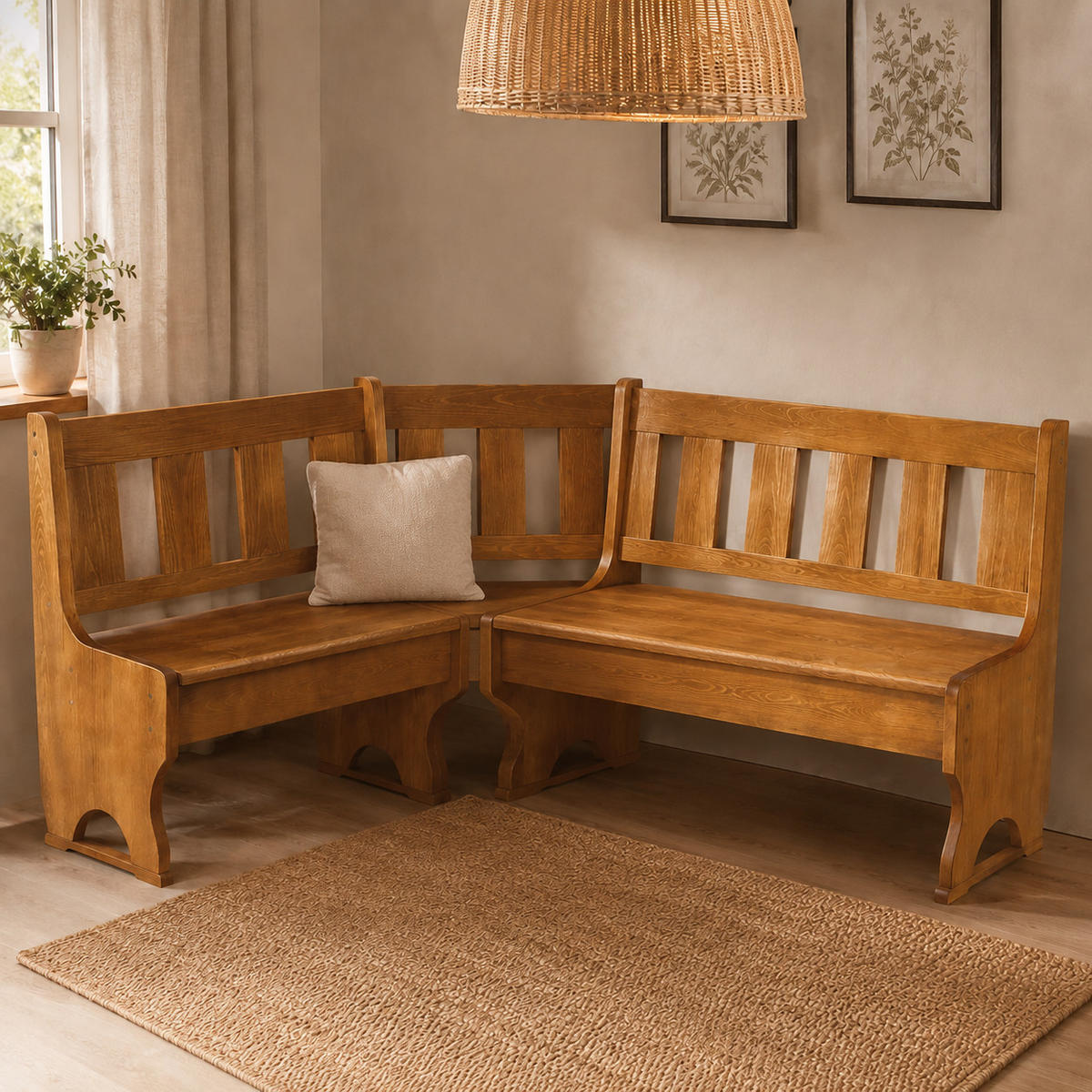 ECKBANK aus Massivholz mit Sprossenrücken, 180 x 160cm, Farbe Nuss - Walnussfarben, Holz (180/160cm)