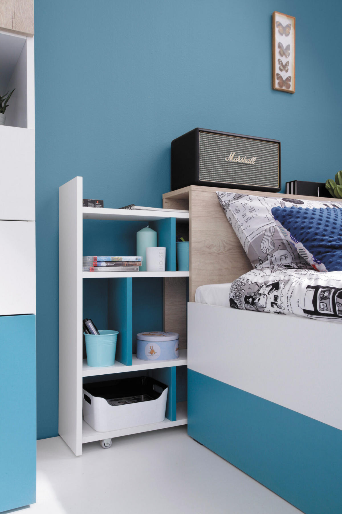 JUGENDBETT Spuki in Weiß, Eiche & Meerblau – Jugendbett 90x200cm - Weiß, Holzwerkstoff