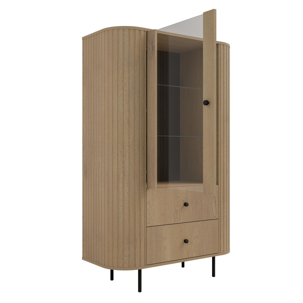 VITRINE Halay Eiche Cremona, 1 Tür & 2 Schubladen Moderne Rillenstruktur, mit runden Kanten - Eichefarben/Schwarz, Holzwerkstoff/Metall (97.4/155/42.3cm) - AX Living