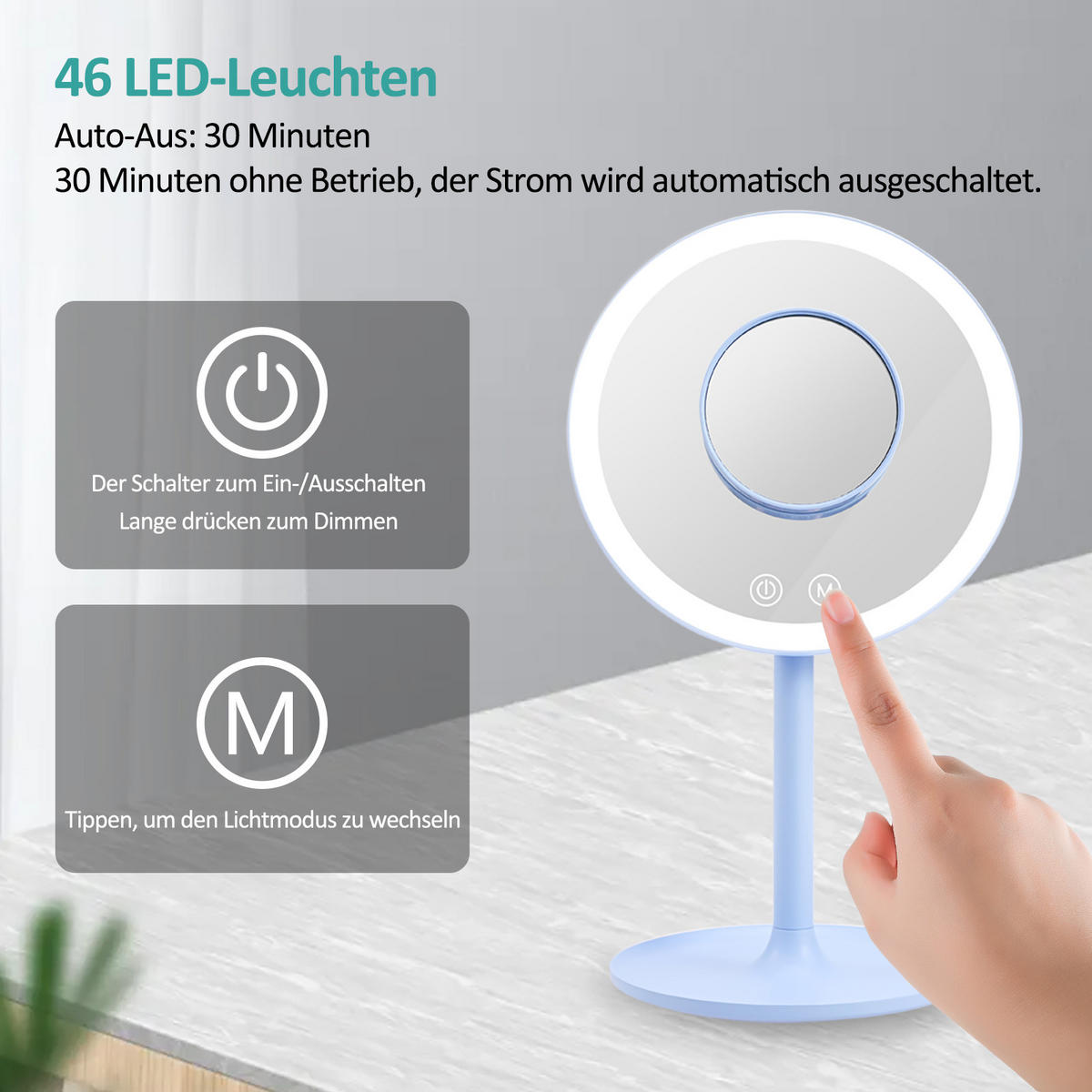 KOSMETIKSPIEGEL mit Licht mit Abnehmbare Saugnapfes, Hellblau, φ20 cm - Blau, Glas (20/35/20cm) - EMKE