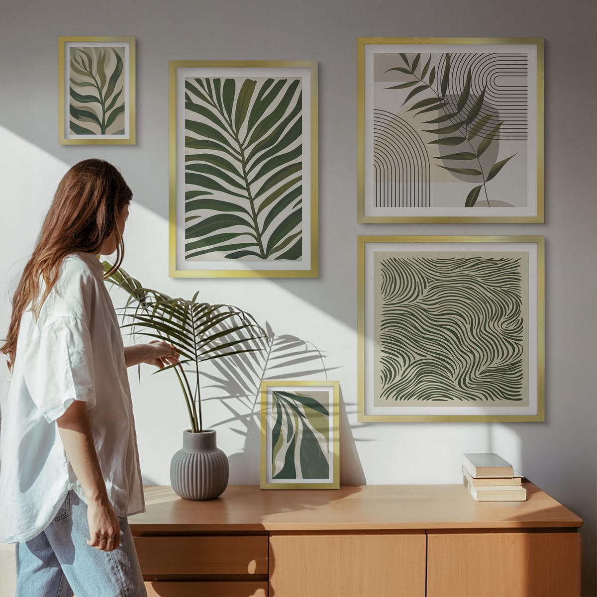 BILDER SET 5er Set - 50x50 cm & 20x30 cm & 40x60 cm Goldrahmen - Blätter, Wellen – Pastellillustrationen - Goldfarben, Kunststoff (40/60cm) - TULUP