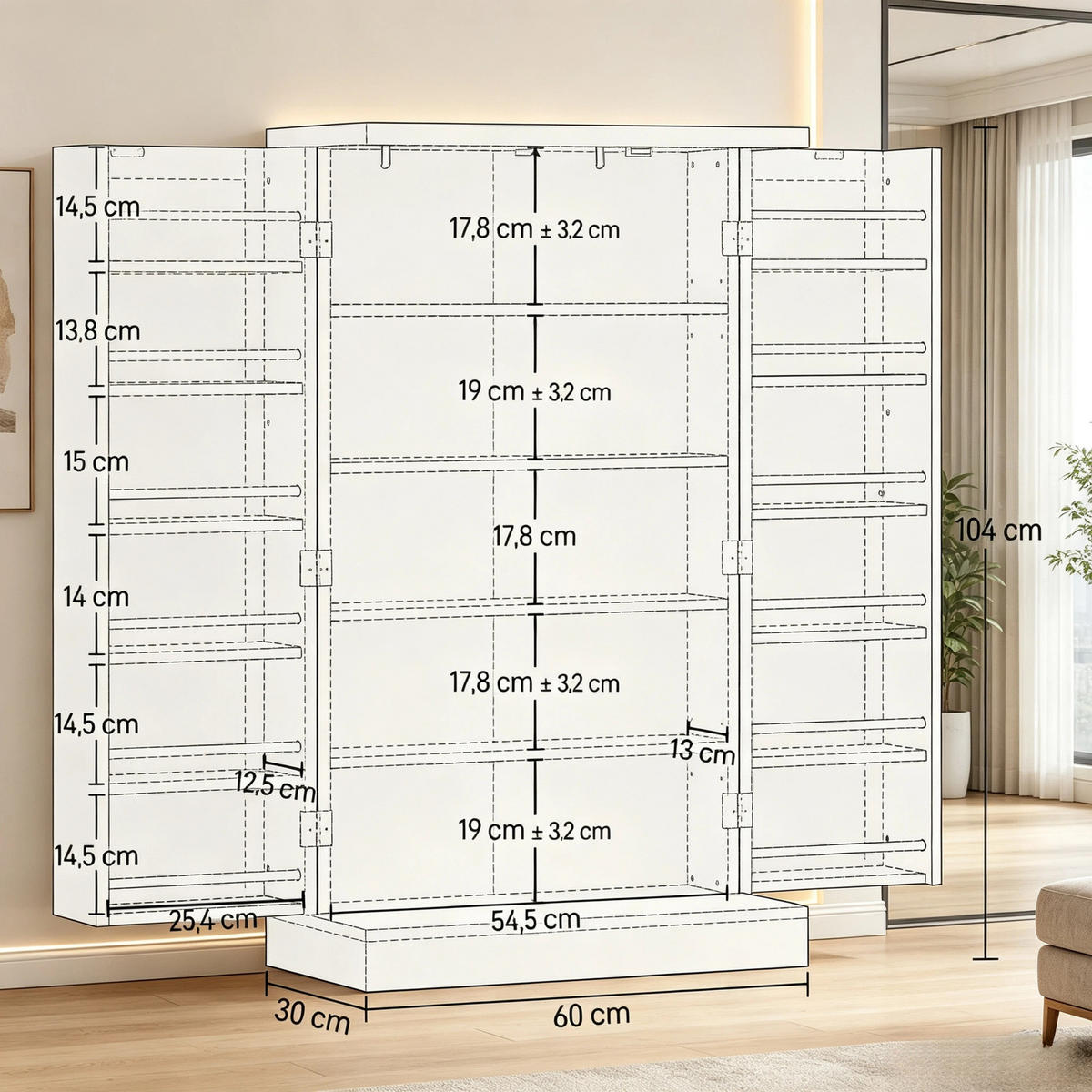 HIGHBOARD DE-38818 60/30/104 cm 5 Hauptfächer und Türregale Weiß - Weiß, Holzwerkstoff (60/104/30cm) - ComfortXL