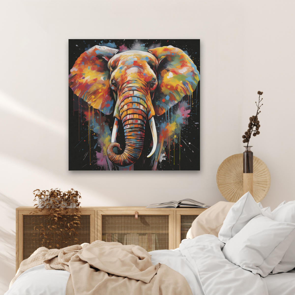 AKUSTIKBILD Elefant - Graffiti - Schwarz - Tiere - Farben Akustikpaneele 80x80 cm - Schwarz, Kunststoff (80/80/0.9cm) - MuchoWow