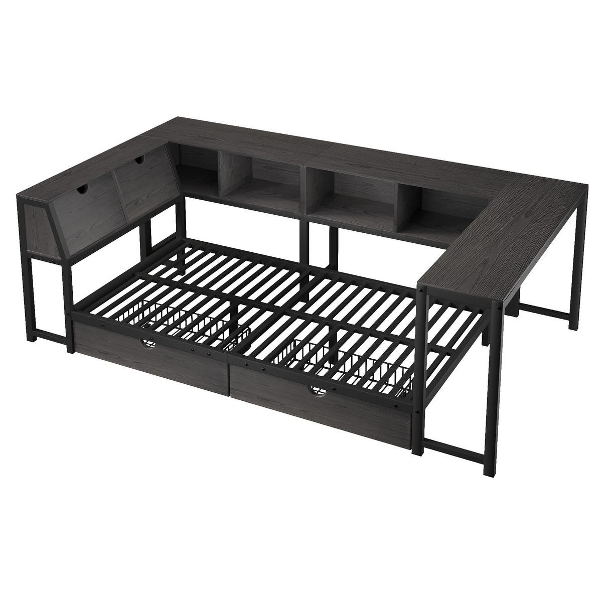 BETT 90/200 cm in Schwarz mit Schreibtisch, Schubladen, LED und Stauraum-Kopfteil aus MDF und Metall - Schwarz, Holzwerkstoff/Metall (90/200cm) - STILVORA
