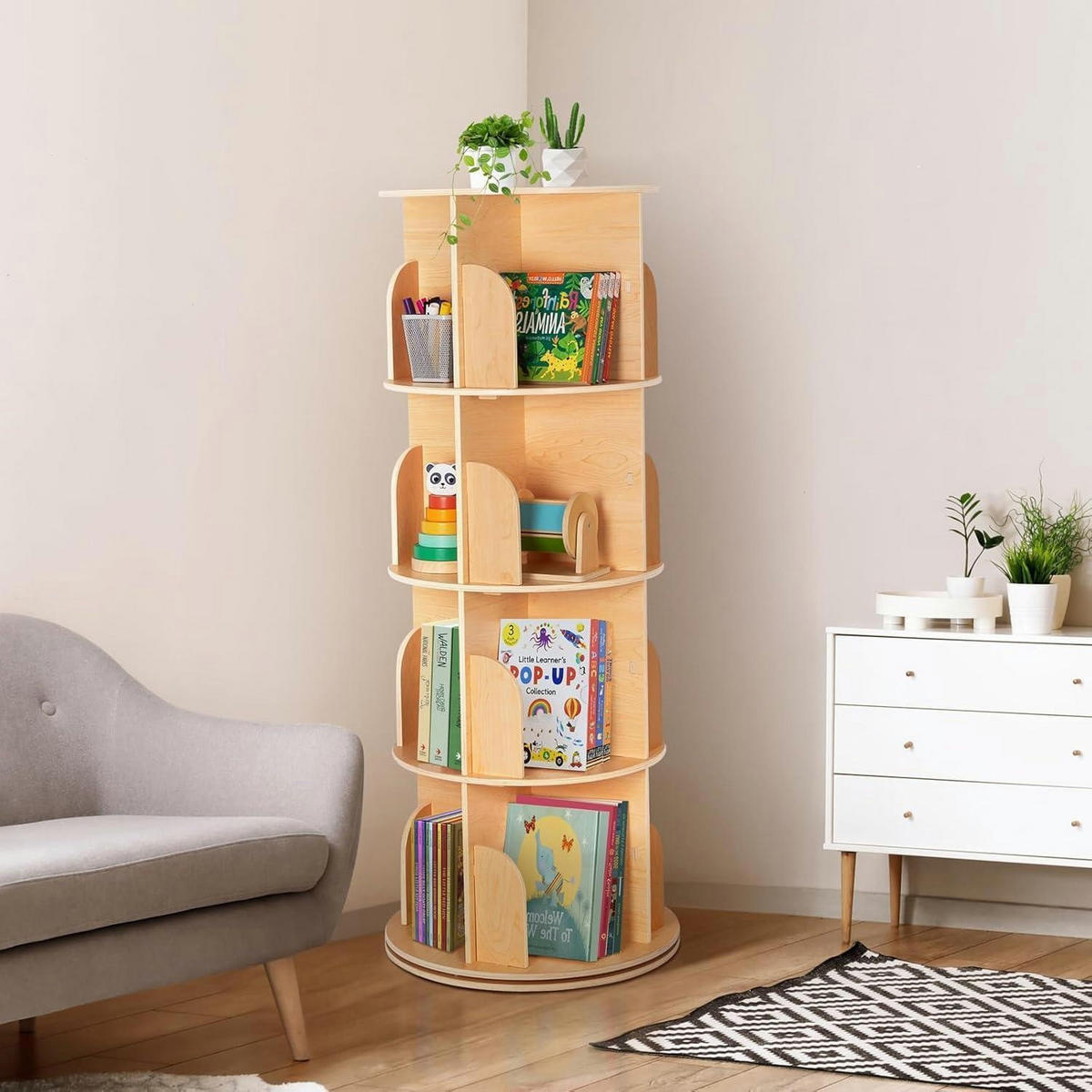 DREHBARES Bücherregal 360° mit 4 Etagen Holz 129 cm - Braun, Holzwerkstoff (50/129/50cm)