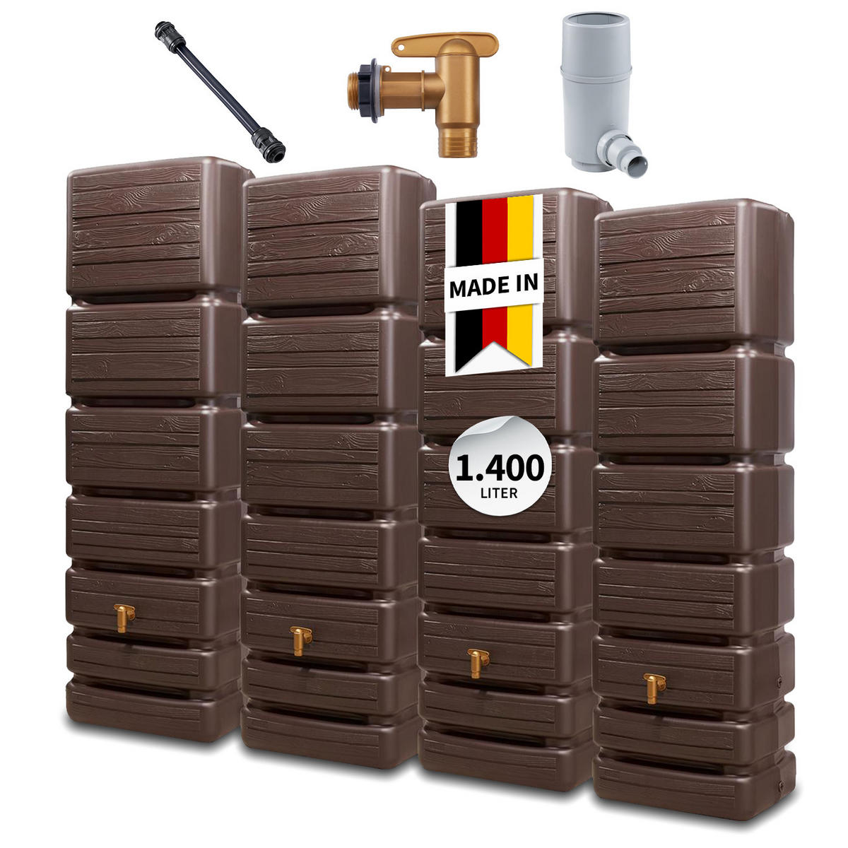 WANDTANK Komplett-Set 1400 L dark 4 x 350 L inkl. Verbindungsset, Kunststoff-Auslaufhahn und Fallrohranschluss - Braun, Kunststoff (270/184/39cm) - 4rain