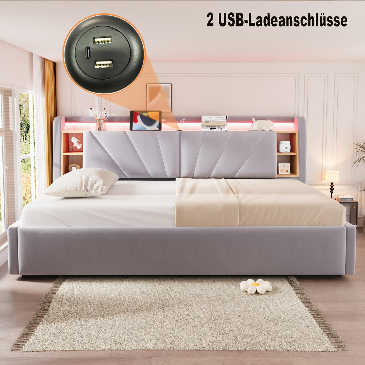 POLSTERBETT 90*200 cm mit LED, USB und Stauraum, Hellgrau - Hellgrau, Textil (90/200cm) - FLIEKS