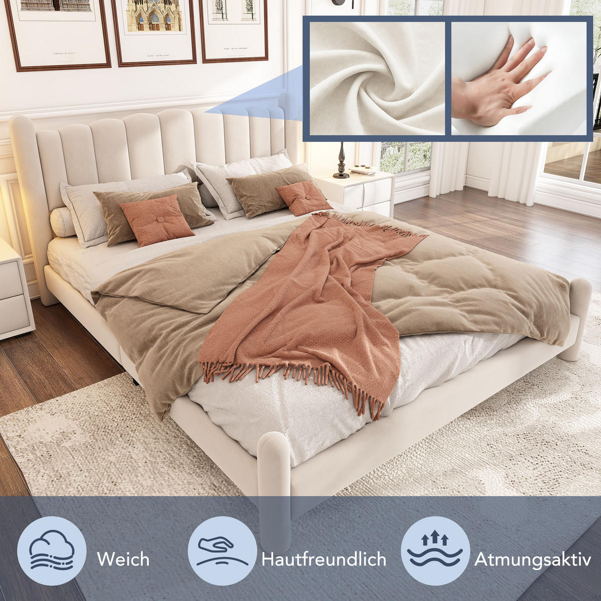POLSTERBETT 180/200 cm beige aus Samt mit Lattenrost und Wellenkopfteil - Beige, Textil (180/200cm) - OKWISH