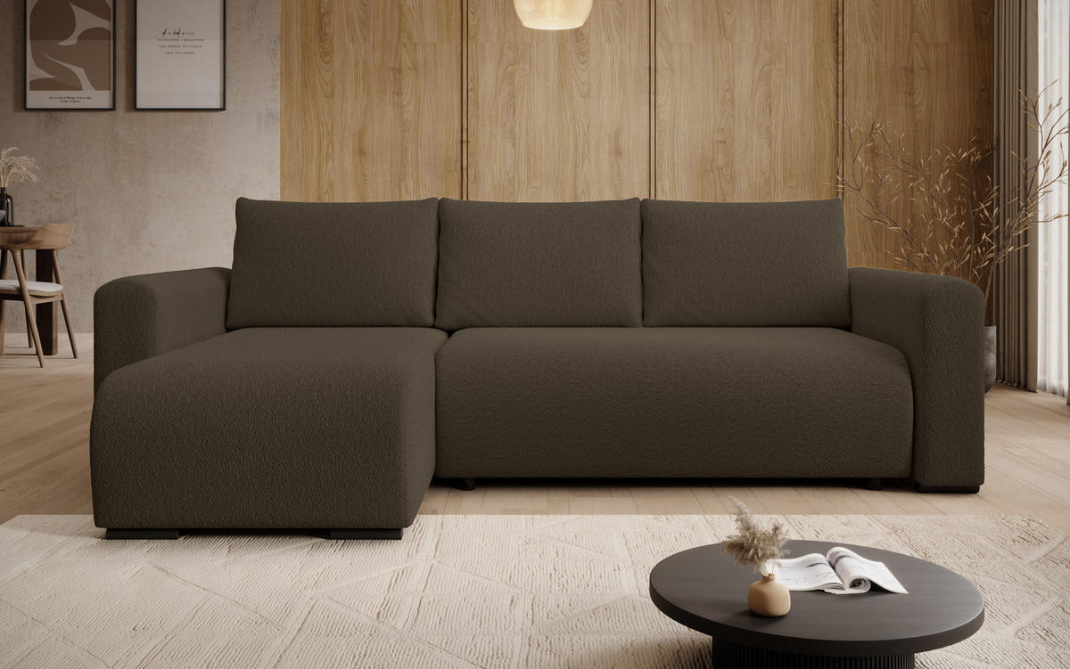 ECKSOFA DORA L, Eckcouch in L-Form mit Schlaffunktion und Bettkasten, Farbe: Dunkelbraun, Bouclé-Stoff, Ottomane Links - Dunkelbraun, Textil (240/143cm) - Storez24