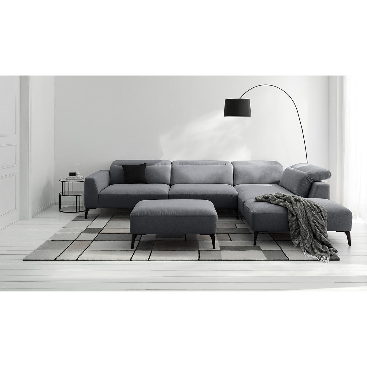 ECKSOFA mit Ottomane - Schwarz/Grau, Textil/Metall (325/238cm) - home24
