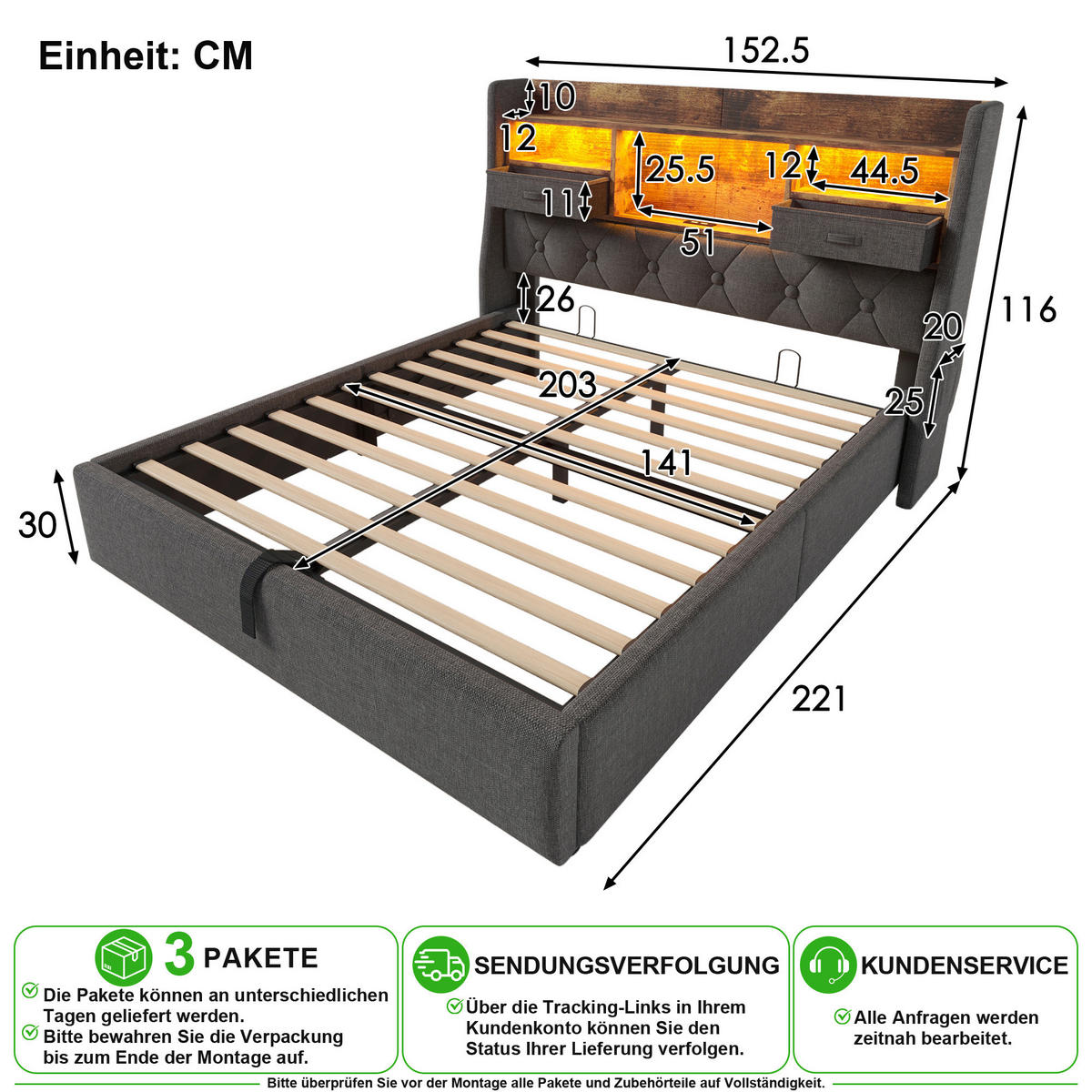POLSTERBETT 140/200 cm in Grau Leinen mit Bettkasten, LED, USB, Type-C und Matratze - Grau, Holzwerkstoff/Textil (140/200cm) - CHICFURN