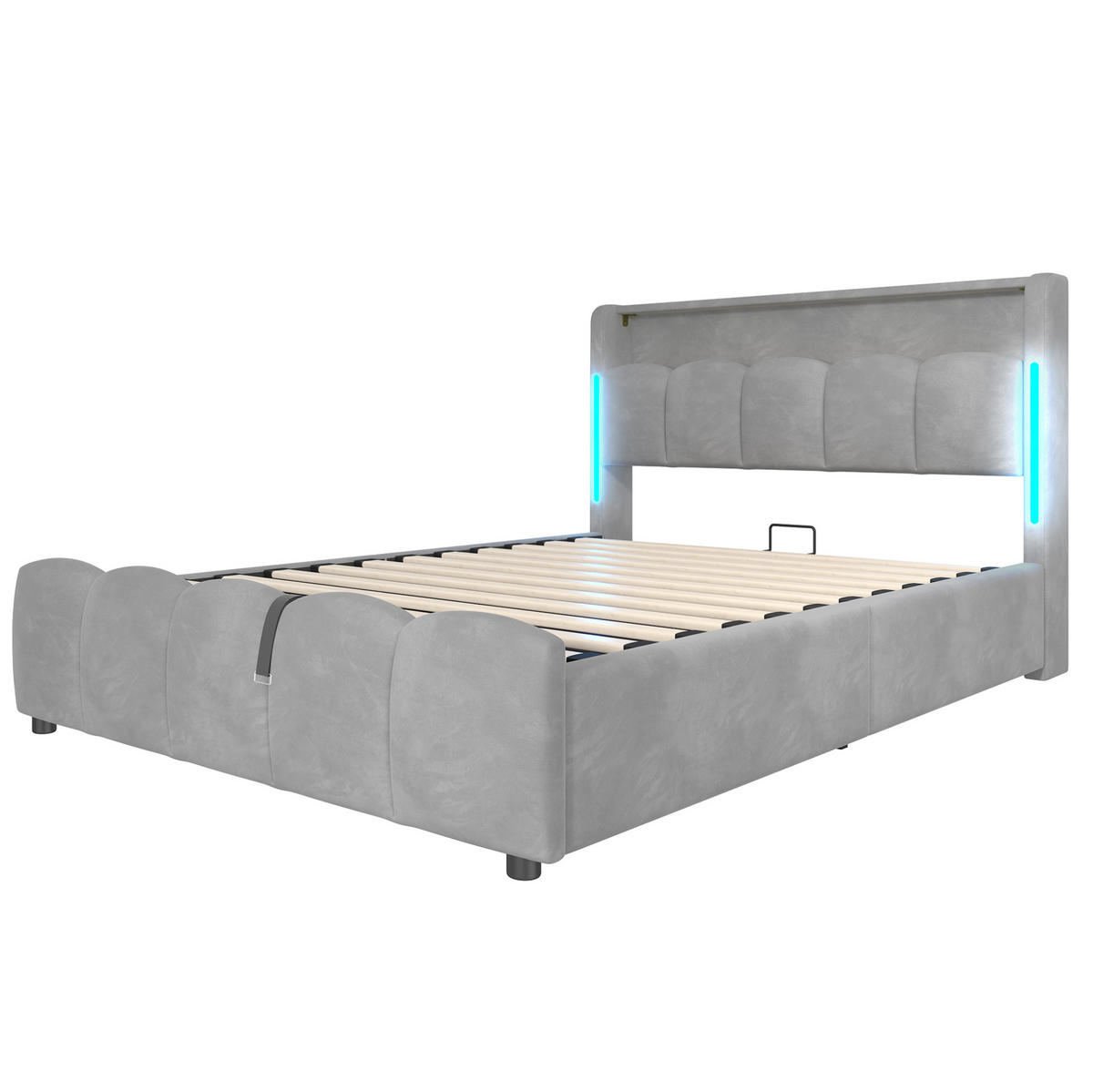 POLSTERBETT 140/200 cm grau aus Samt und MDF mit LED und Stauraum - Grau, Textil (140/200cm) - OKWISH