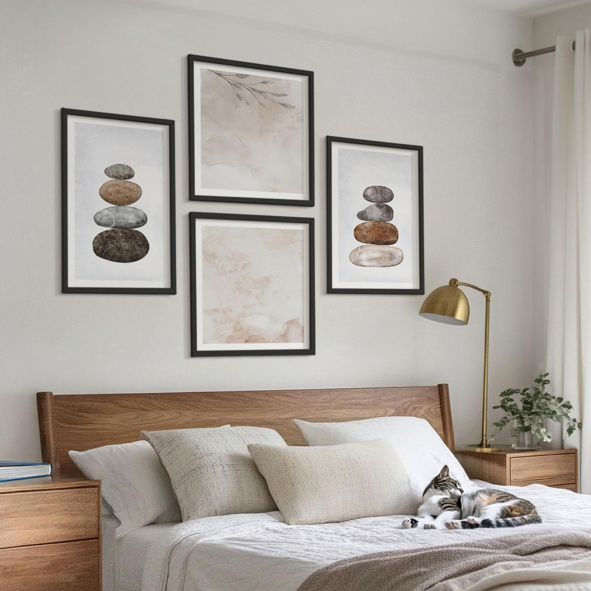 WANDBILDER 4er-Set - 50x50 cm & 40x60 cm Schwarzer Rahmen - Steinstapel-Boho-Malerei - Schwarz, Kunststoff (50/50cm) - ArtPrintCave