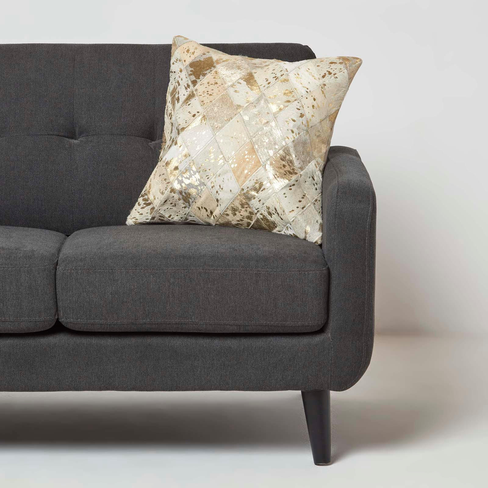 PATCHWORK-KISSEN Fell & Leder 45/45 cm Rautenmuster - Creme, Leder/Textil (45/45cm) - Homescapes
