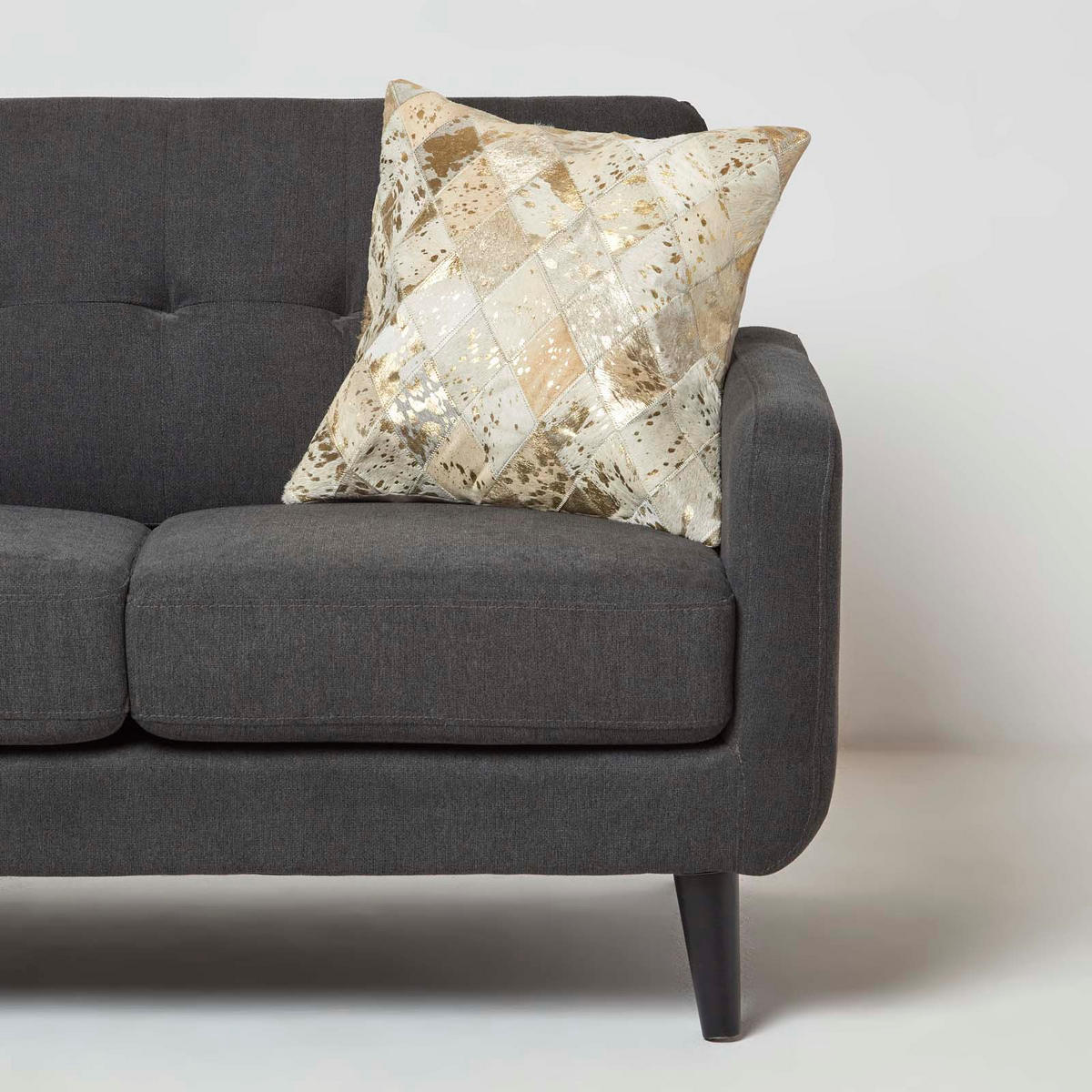 PATCHWORK-KISSEN Fell & Leder 45/45 cm Rautenmuster - Creme, Leder/Textil (45/45cm) - Homescapes