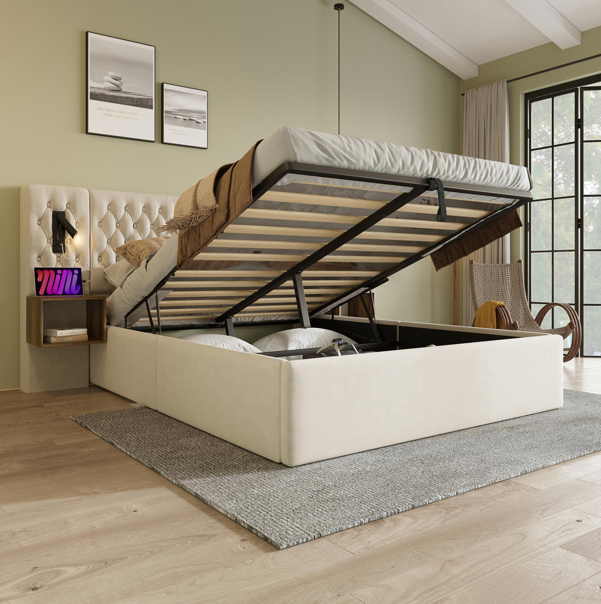 POLSTERBETT 160/200 cm Beige mit Bettkasten, Nachttischen und Matratze - Beige, Textil (160/200cm) - Flora Grace