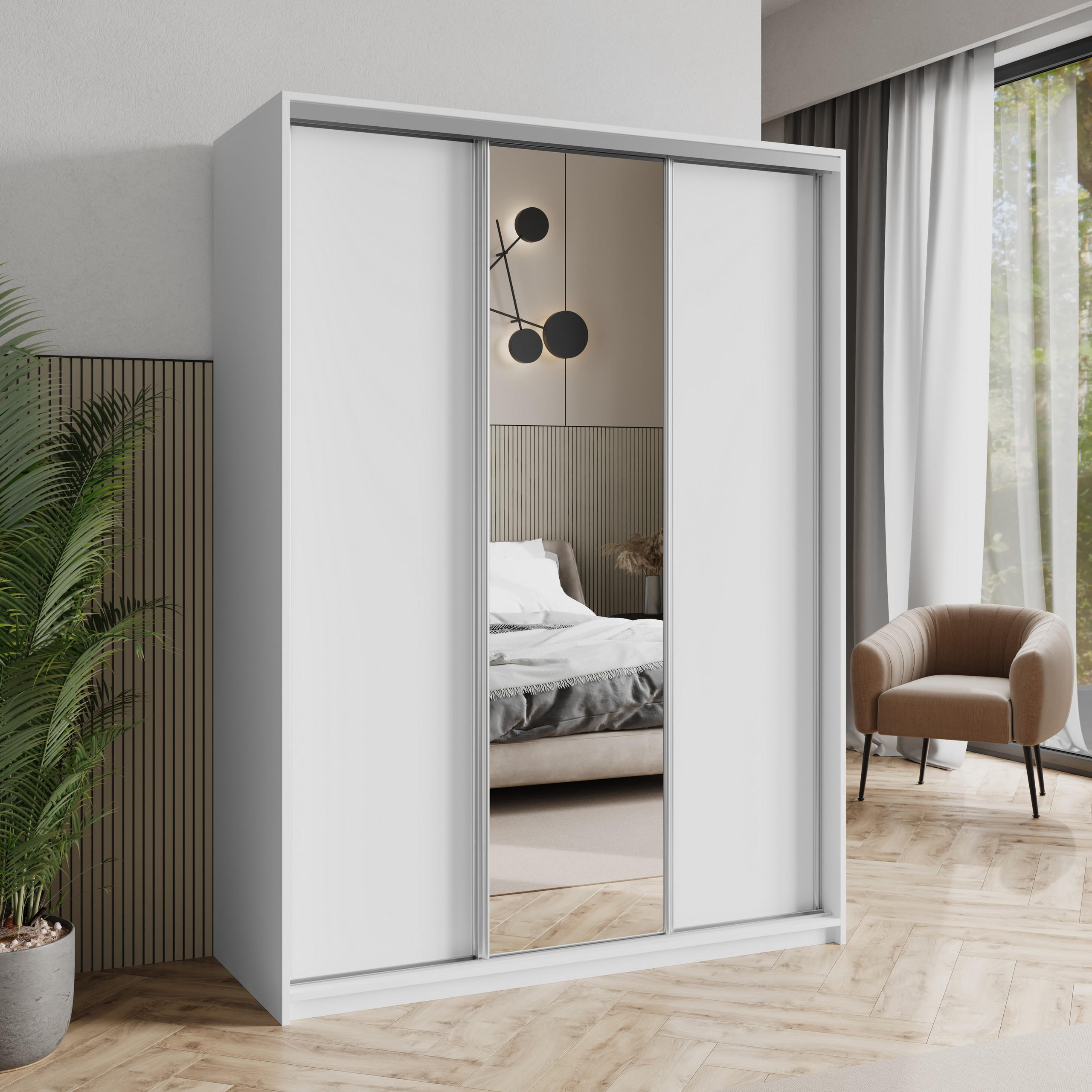 SCHWEBETÜRENSCHRANK TAVI 150/205/60 cm 3-türig mit Spiegel Weiß - Weiß, Holzwerkstoff (150/205/60cm) - MASSENO