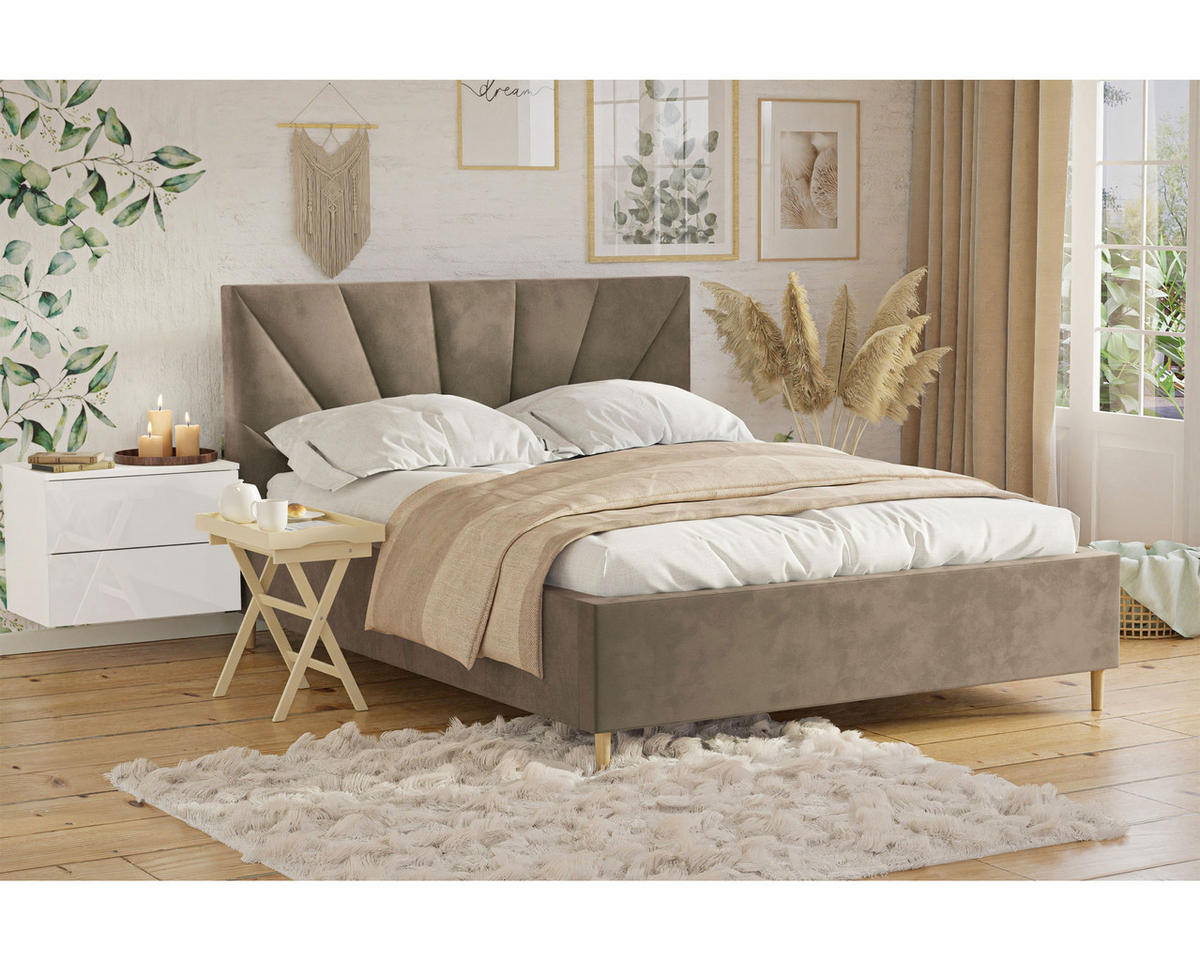 POLSTERBETT AINA 140x200 cm French Velvet 676, 34 Holzlatten, Kopfteil 104 cm - Beige, Textil (140/200cm) - Lookway