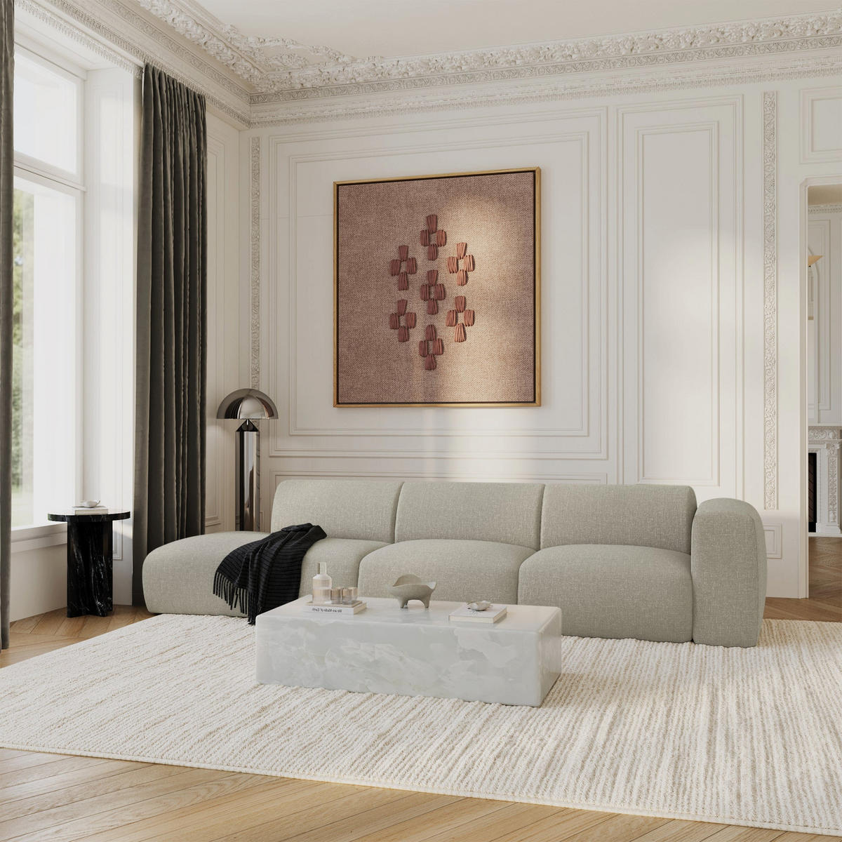 SOFA 5-Sitzer Rastergewebe Beige 310cm - Beige, Textil (310/73/96cm) - Sia Home