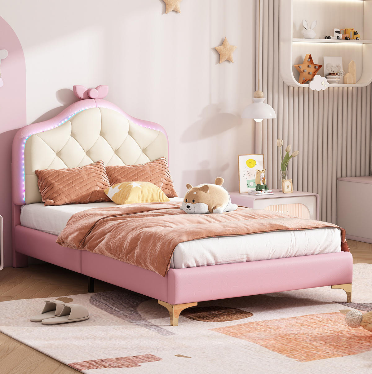 POLSTERBETT 90/200 cm in Rosa/Weiß mit LED-Beleuchtung und PU-Bezug - Weiß, Kunststoff (90/200cm) - Flora Grace
