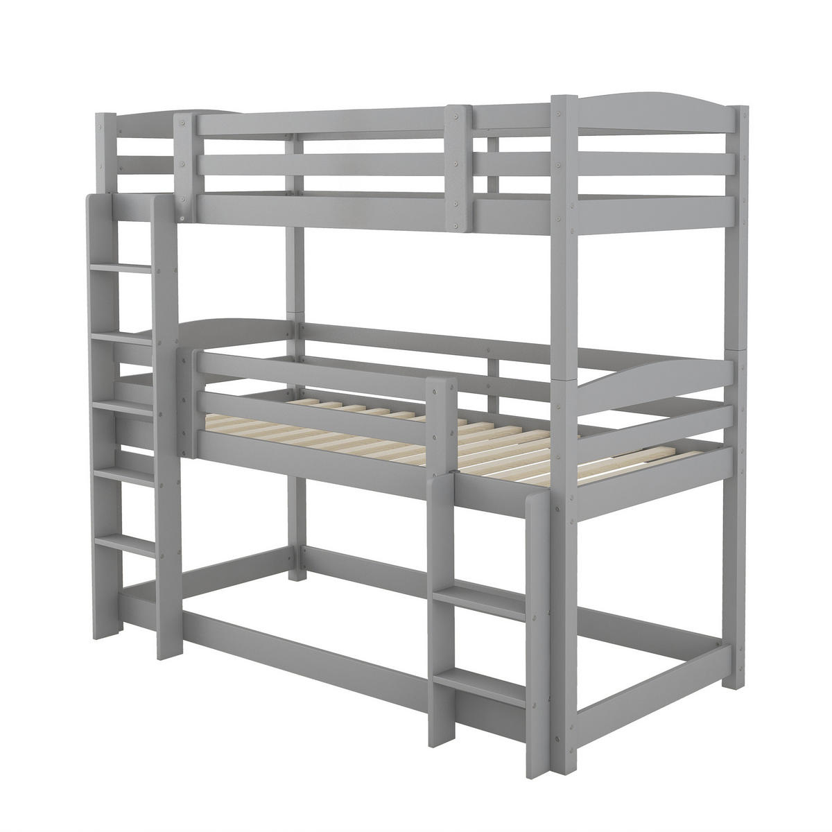 ETAGENBETT 90/200 cm Grau aus Kiefernholz, 3 Schlafplätze mit 2 Leitern - Grau, Holz (90/200cm) - Flora Grace