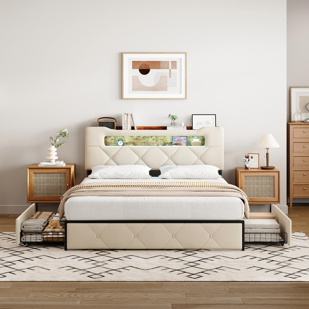 POLSTERBETT 140x200 cm mit LED, USB, 3 Schubladen, Samt, Beige - Beige, Holz (140/200cm)