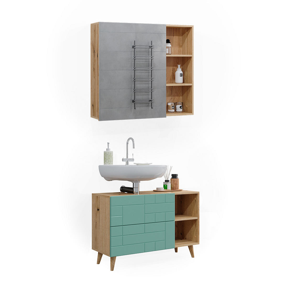 BADMÖBEL-SET Rudi Mintgrün 2 Teile - Eichefarben/Mintgrün, Holzwerkstoff (90/59/32cm) - Vicco